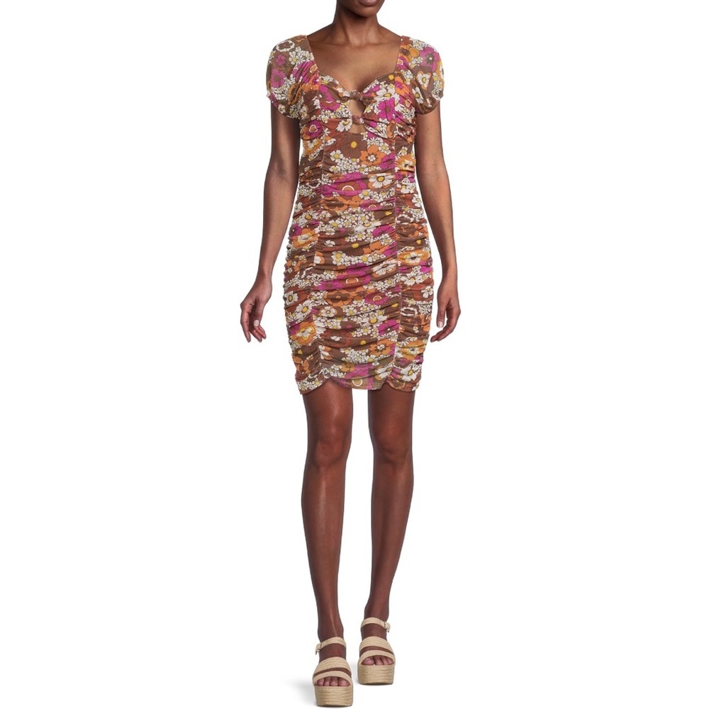 MADDEN NYC | ditsy floral (Wood) ruched mesh body-con mini dress